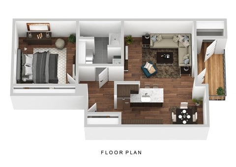 Floor plan for 1 bed, 1 bath, 728 sqft